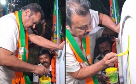 'പേരെഴുതാന്‍ സമയമായില്ല' താമര വരച്ച് തൃശൂരില്‍ തെരഞ്ഞെടുപ്പ് ചുവരെഴുത്തിന് തുടക്കമിട്ട് സുരേഷ് ഗോപി